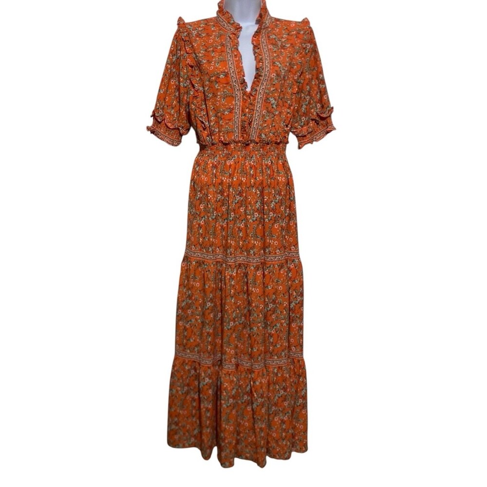 Max Studio Tiered Maxi Dress Size L Orange Floral Ruffle Collar Smocked Waist